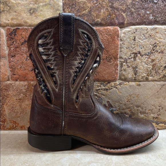 Ariat Kids Cowboy Boots Size 12 Brown Leather Western Aztec Stitch Square Toe - Picture 8 of 15